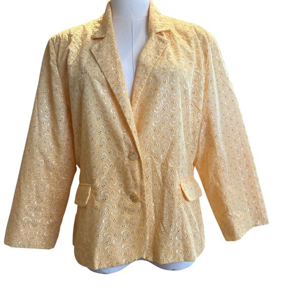 Sag Harbor Eyelet Jacket Lined 16P Yellow Button Down 3/4 Sleeve Office Chic - Picture 2 of 10